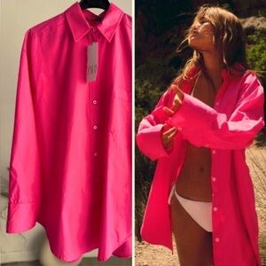 Zara Fuchsia oversized Cotton shirt, size L